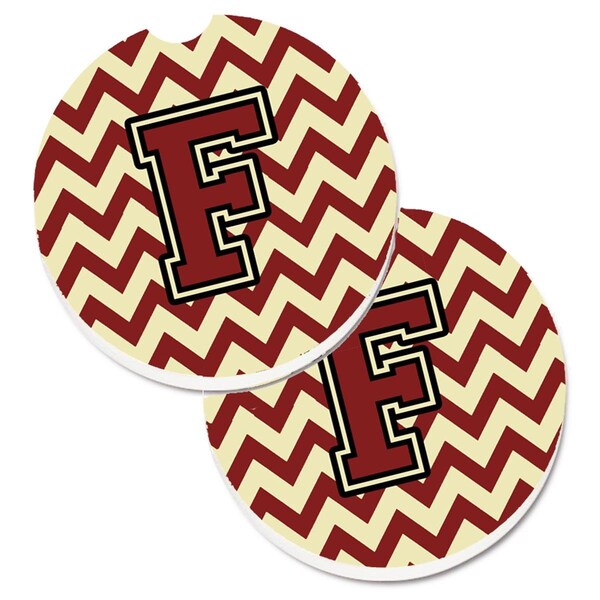 Carolines Treasures Letter F Chevron Maroon and Gold Set of 2 Cup Holder Car Coaster CJ1061-FCARC - main
